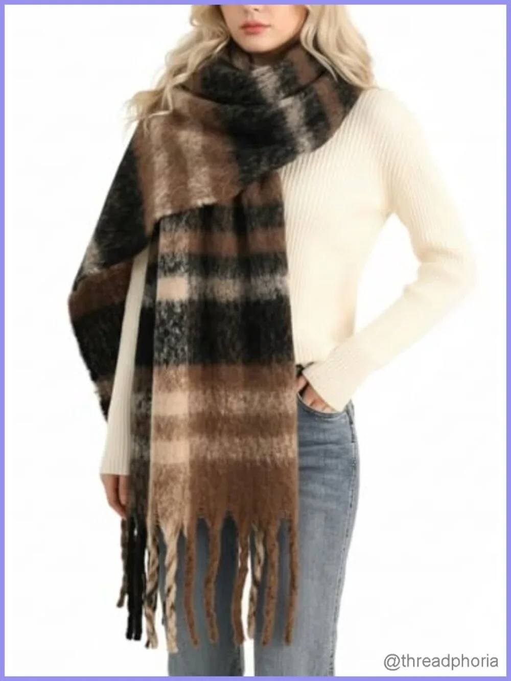 Oversized Chunky Knit Plaid Blanket Scarf Shawl Wrap for Women Heavyweight 100%